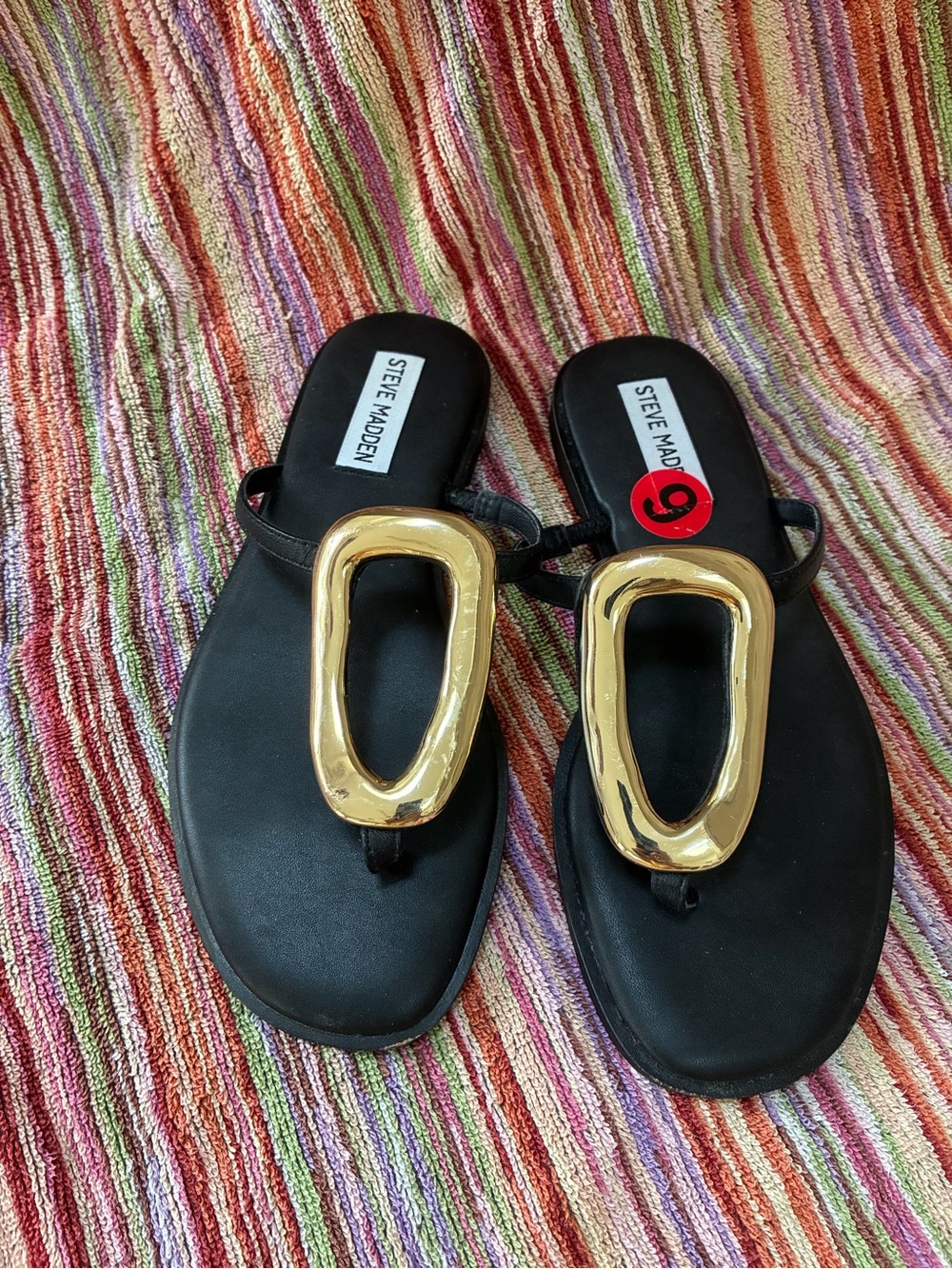 Steve Madden Black Sandals with Large Gold Oval Hardware